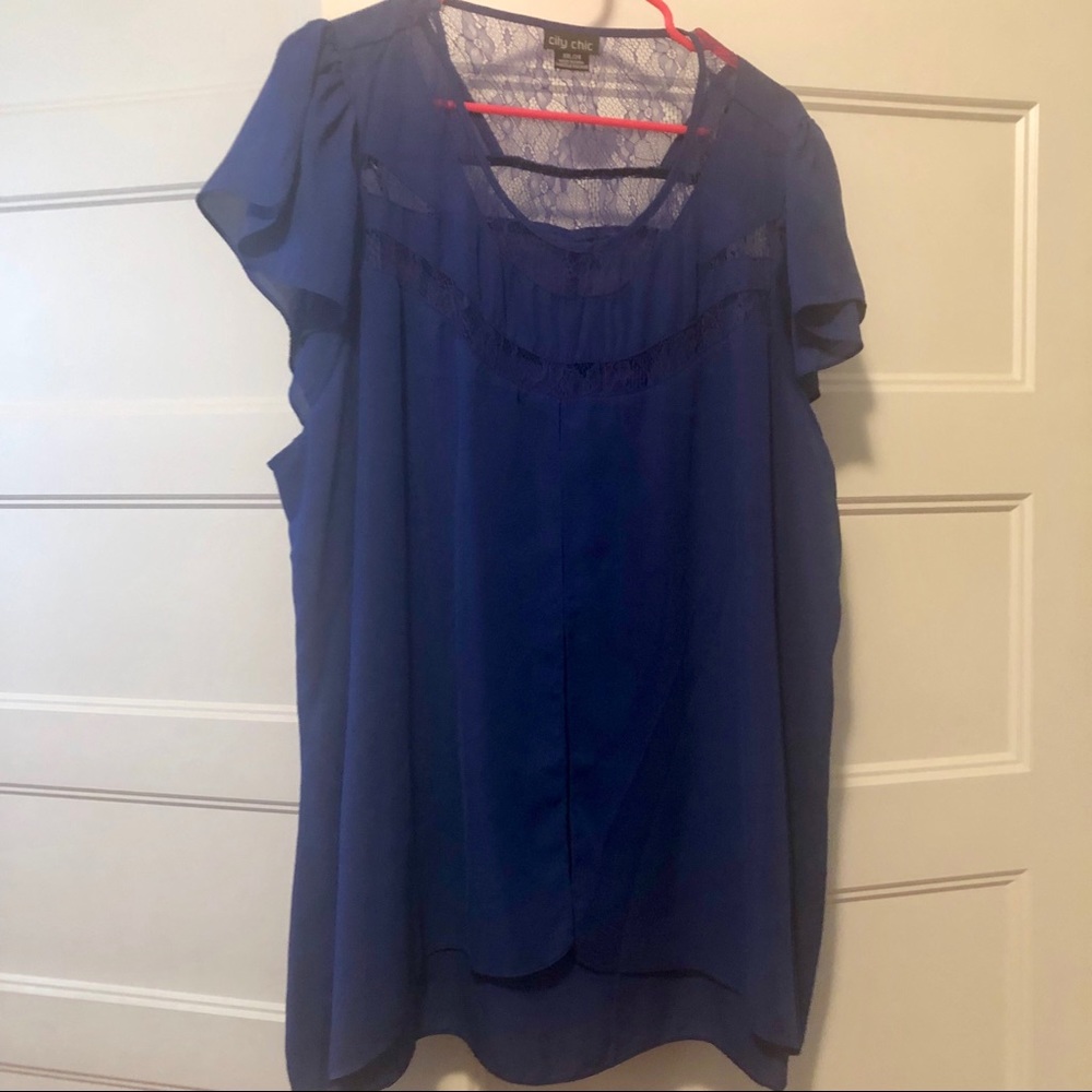 Blue sheer blouse with lace detail